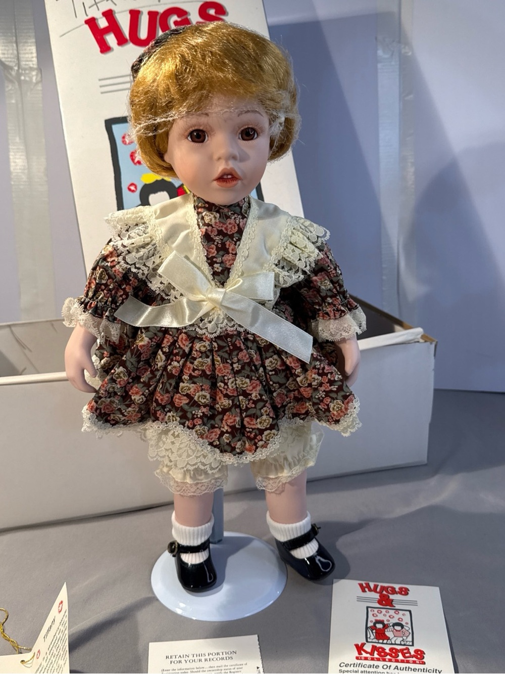Hugs & Kisses Porcelain Doll Tiffany Brown Floral Dress